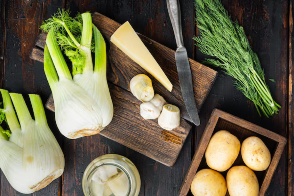 Freshly sliced fennel in a bowl with honey, whisk, garlic scapes, and fennel bulbs on a wooden board, ready for cooking preparation.