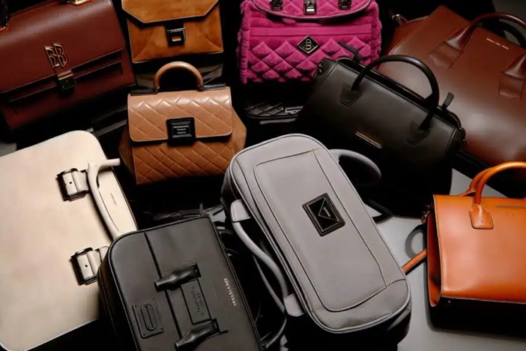 Collection of designer handbags in various colors and styles, including quilted, leather, and suede textures, arranged on display.