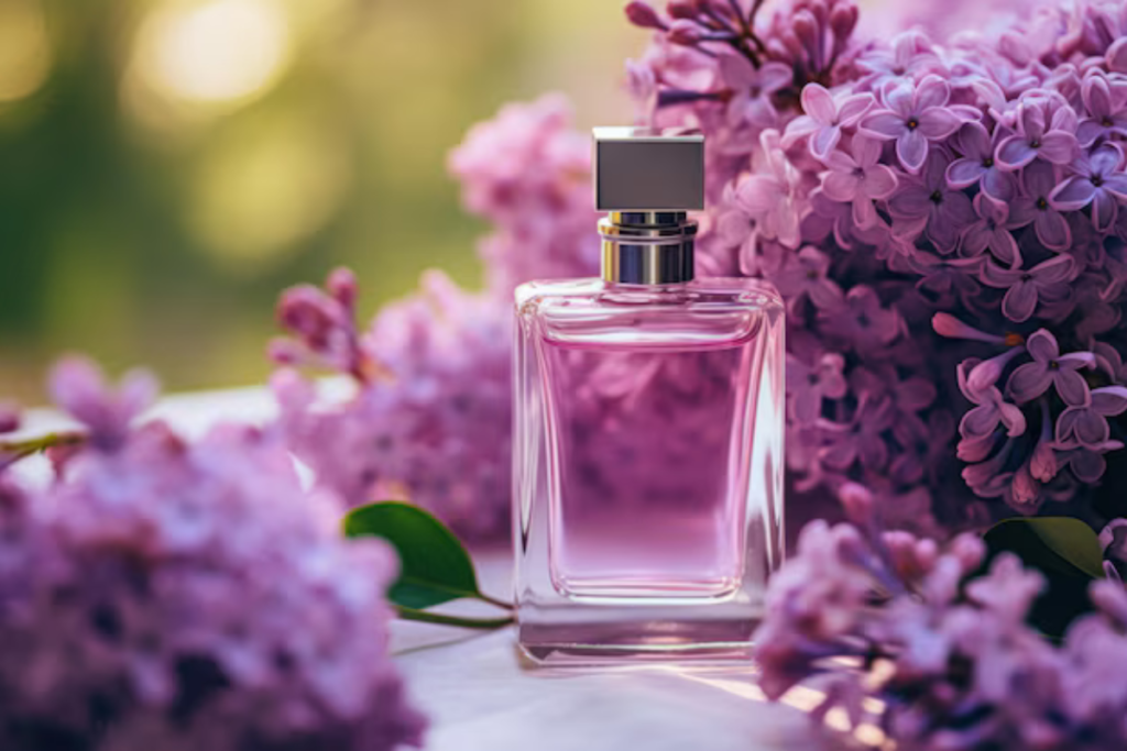 A perfume bottle surrounded by vibrant purple lilac flowers, with soft, natural lighting creating a dreamy, elegant atmosphere.