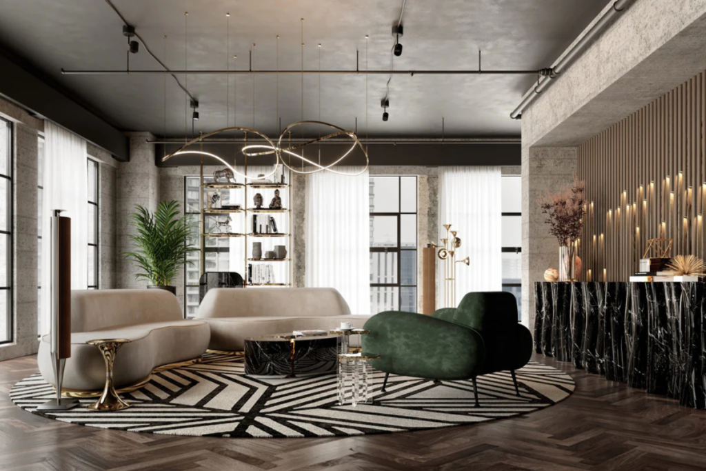 Modern, stylish living room with a geometric rug, elegant furniture, and sophisticated lighting in an urban apartment.