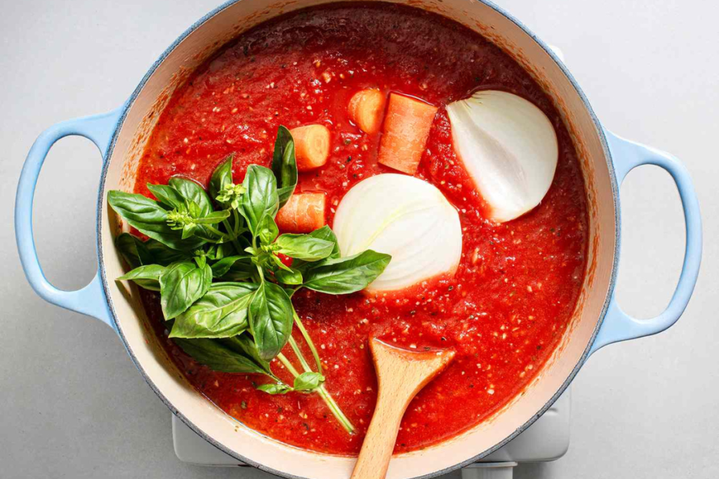 Pot of tomato sauce with fresh basil, halved onion, and carrot pieces, stirred with a wooden spoon, ready for slow simmering.